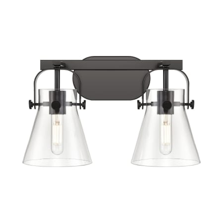 A large image of the Innovations Lighting 423-2W-10-17 Pilaster II Cone Vanity Matte Black / Clear