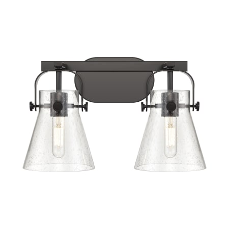 A large image of the Innovations Lighting 423-2W-10-17 Pilaster II Cone Vanity Matte Black / Seedy