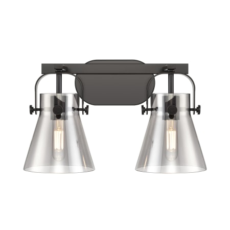 A large image of the Innovations Lighting 423-2W-10-17 Pilaster II Cone Vanity Matte Black / Plated Smoke