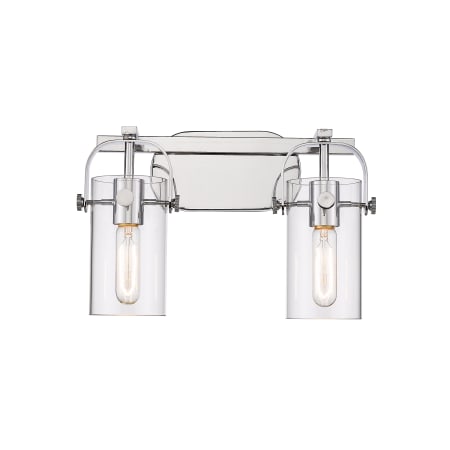 A large image of the Innovations Lighting 423-2W-11-15 Pilaster Vanity Polished Nickel / Clear