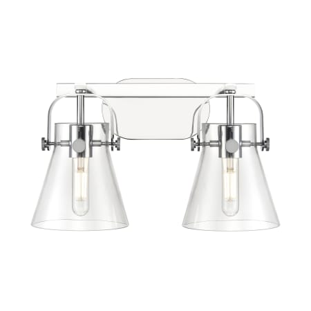 A large image of the Innovations Lighting 423-2W-10-17 Pilaster II Cone Vanity Polished Chrome / Clear