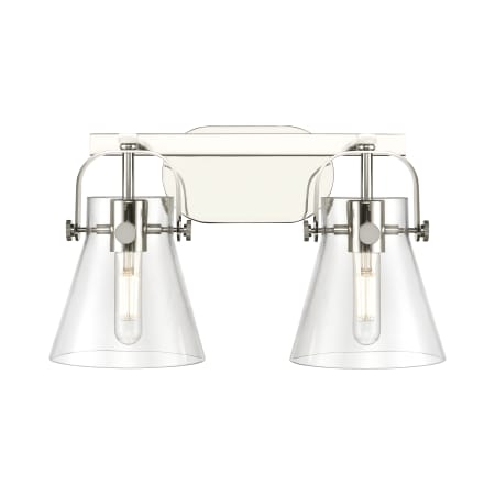 A large image of the Innovations Lighting 423-2W-10-17 Pilaster II Cone Vanity Polished Nickel / Clear