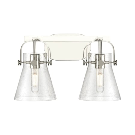 A large image of the Innovations Lighting 423-2W-10-17 Pilaster II Cone Vanity Polished Nickel / Seedy