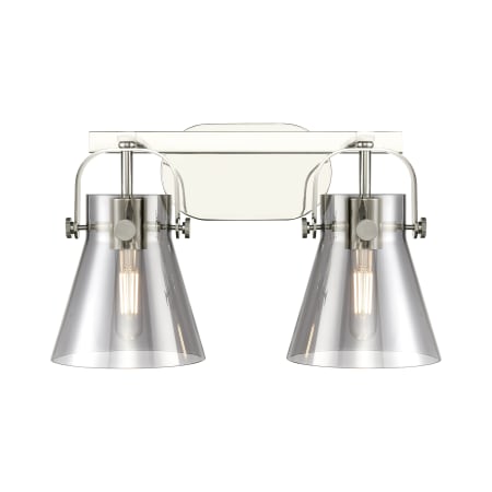 A large image of the Innovations Lighting 423-2W-10-17 Pilaster II Cone Vanity Polished Nickel / Plated Smoke