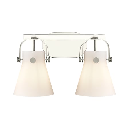 A large image of the Innovations Lighting 423-2W-10-17 Pilaster II Cone Vanity Polished Nickel / Matte White