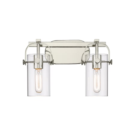 A large image of the Innovations Lighting 423-2W-10-15 Pilaster II Cylinder Vanity Polished Nickel / Clear