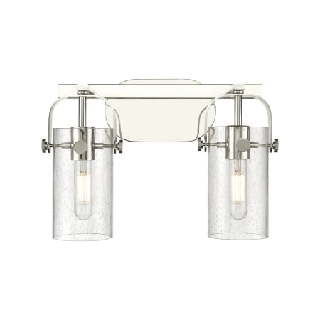 A large image of the Innovations Lighting 423-2W-10-15 Pilaster II Cylinder Vanity Polished Nickel / Seedy