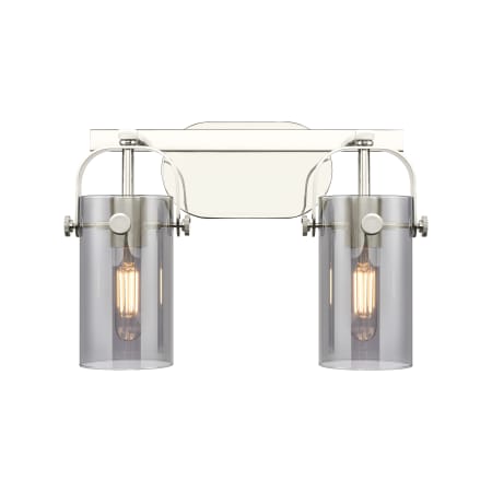 A large image of the Innovations Lighting 423-2W-10-15 Pilaster II Cylinder Vanity Polished Nickel / Plated Smoke