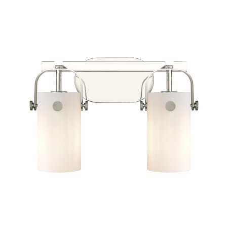 A large image of the Innovations Lighting 423-2W-10-15 Pilaster II Cylinder Vanity Polished Nickel / Matte White