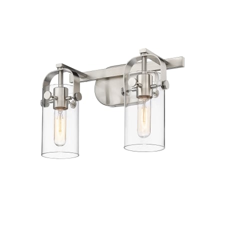 A large image of the Innovations Lighting 423-2W-11-15 Pilaster Vanity Brushed Satin Nickel / Clear