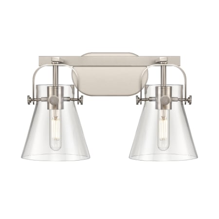 A large image of the Innovations Lighting 423-2W-10-17 Pilaster II Cone Vanity Satin Nickel / Clear