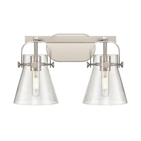 A large image of the Innovations Lighting 423-2W-10-17 Pilaster II Cone Vanity Satin Nickel / Seedy