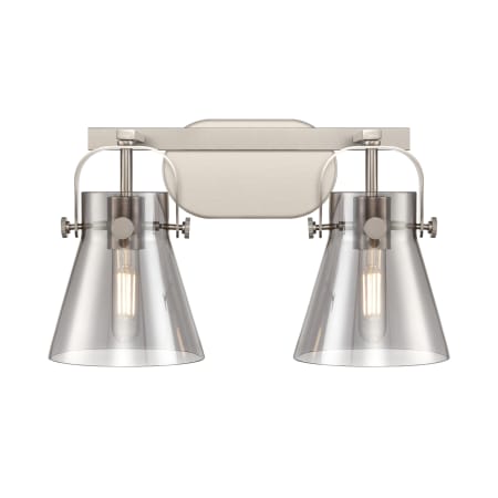 A large image of the Innovations Lighting 423-2W-10-17 Pilaster II Cone Vanity Satin Nickel / Plated Smoke