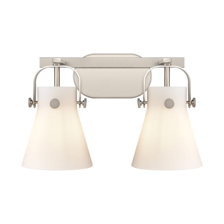 A large image of the Innovations Lighting 423-2W-10-17 Pilaster II Cone Vanity Satin Nickel / Matte White