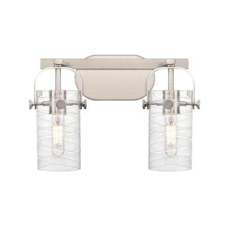 A large image of the Innovations Lighting 423-2W-10-15 Pilaster II Cylinder Vanity Satin Nickel / Deco Swirl