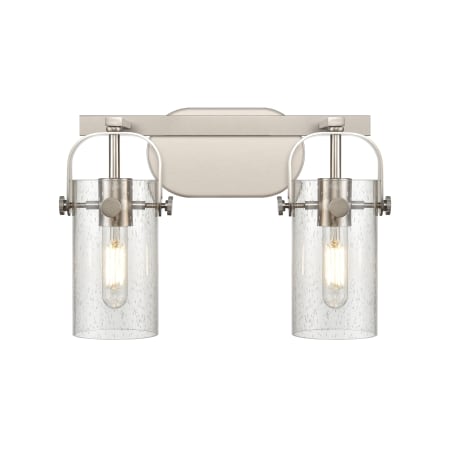 A large image of the Innovations Lighting 423-2W-10-15 Pilaster II Cylinder Vanity Satin Nickel / Seedy