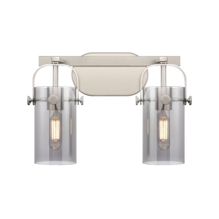 A large image of the Innovations Lighting 423-2W-10-15 Pilaster II Cylinder Vanity Satin Nickel / Plated Smoke