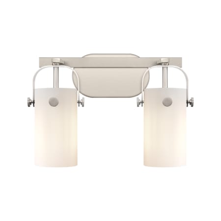 A large image of the Innovations Lighting 423-2W-10-15 Pilaster II Cylinder Vanity Satin Nickel / Matte White