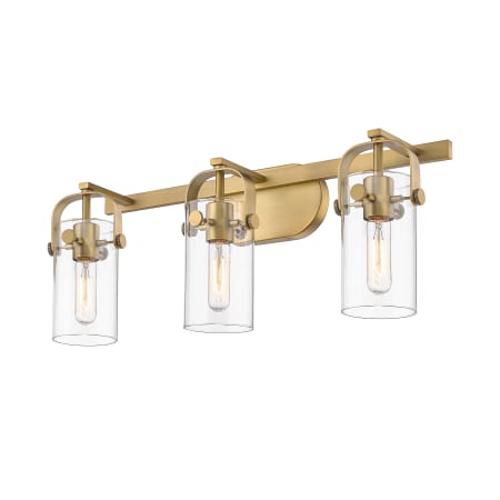 A large image of the Innovations Lighting 423-3W-11-24 Pilaster Vanity Brushed Brass / Clear