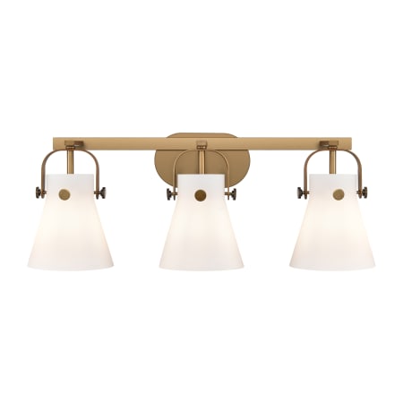 A large image of the Innovations Lighting 423-3W-10-27 Pilaster II Cone Vanity Brushed Brass / Matte White