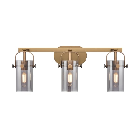 A large image of the Innovations Lighting 423-3W-11-25 Pilaster II Cylinder Vanity Brushed Brass / Plated Smoke