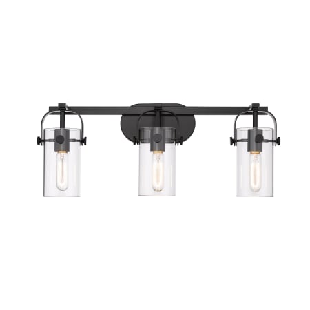 A large image of the Innovations Lighting 423-3W-11-24 Pilaster Vanity Matte Black / Clear