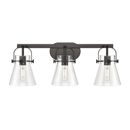 A large image of the Innovations Lighting 423-3W-10-27 Pilaster II Cone Vanity Matte Black / Clear