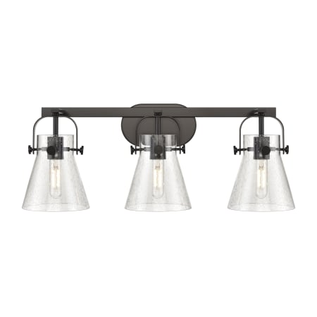 A large image of the Innovations Lighting 423-3W-10-27 Pilaster II Cone Vanity Matte Black / Seedy