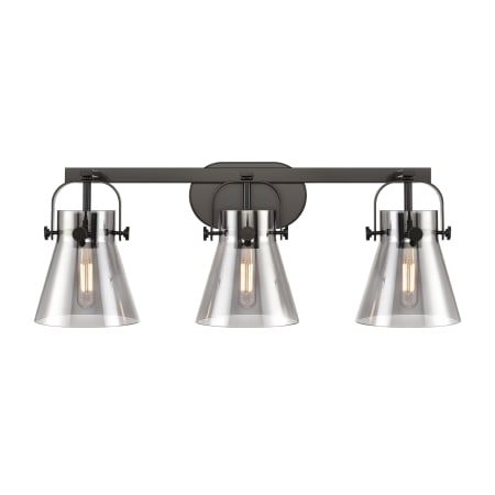 A large image of the Innovations Lighting 423-3W-10-27 Pilaster II Cone Vanity Matte Black / Plated Smoke