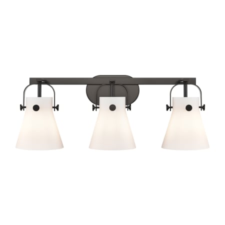 A large image of the Innovations Lighting 423-3W-10-27 Pilaster II Cone Vanity Matte Black / Matte White