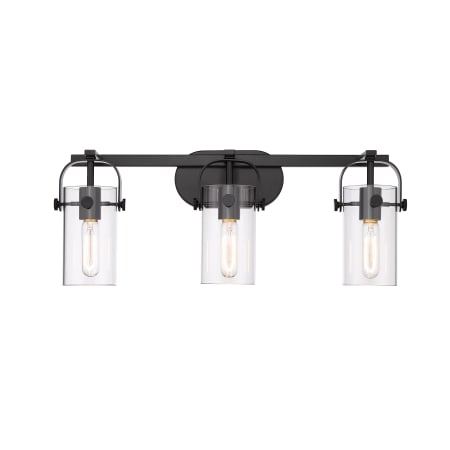 A large image of the Innovations Lighting 423-3W-11-25 Pilaster II Cylinder Vanity Matte Black / Clear