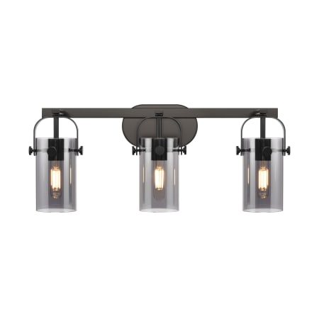 A large image of the Innovations Lighting 423-3W-11-25 Pilaster II Cylinder Vanity Matte Black / Plated Smoke