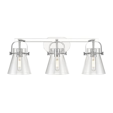 A large image of the Innovations Lighting 423-3W-10-27 Pilaster II Cone Vanity Polished Chrome / Clear