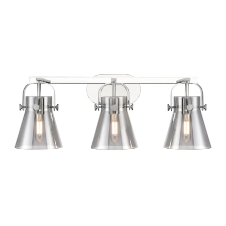 A large image of the Innovations Lighting 423-3W-10-27 Pilaster II Cone Vanity Polished Chrome / Plated Smoke