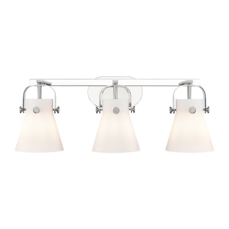 A large image of the Innovations Lighting 423-3W-10-27 Pilaster II Cone Vanity Polished Chrome / Matte White