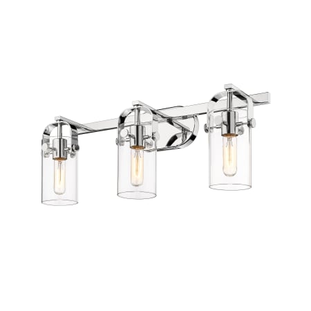 A large image of the Innovations Lighting 423-3W-11-25 Pilaster II Cylinder Vanity Polished Chrome / Clear