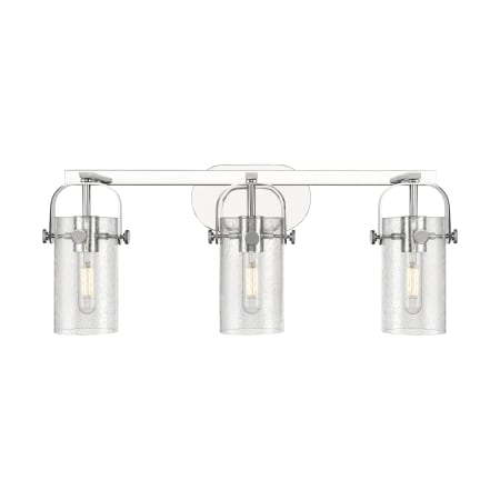 A large image of the Innovations Lighting 423-3W-11-25 Pilaster II Cylinder Vanity Polished Chrome / Seedy