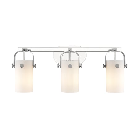 A large image of the Innovations Lighting 423-3W-11-25 Pilaster II Cylinder Vanity Polished Chrome / Matte White