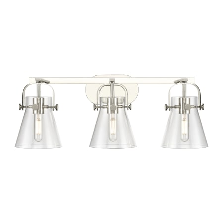 A large image of the Innovations Lighting 423-3W-10-27 Pilaster II Cone Vanity Polished Nickel / Clear