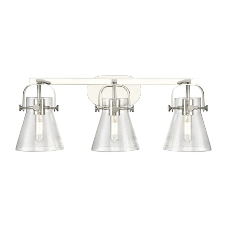 A large image of the Innovations Lighting 423-3W-10-27 Pilaster II Cone Vanity Polished Nickel / Seedy