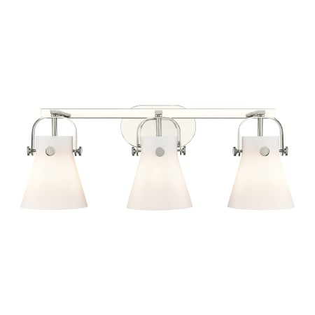 A large image of the Innovations Lighting 423-3W-10-27 Pilaster II Cone Vanity Polished Nickel / Matte White