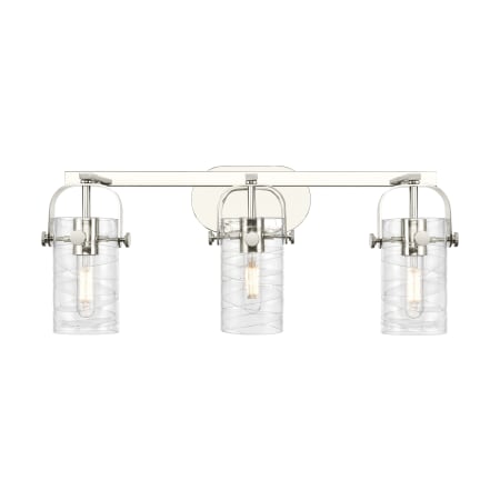 A large image of the Innovations Lighting 423-3W-11-25 Pilaster II Cylinder Vanity Polished Nickel / Deco Swirl