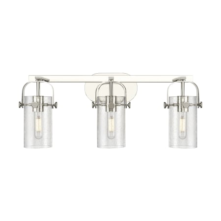 A large image of the Innovations Lighting 423-3W-11-25 Pilaster II Cylinder Vanity Polished Nickel / Seedy