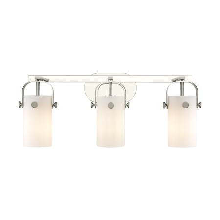 A large image of the Innovations Lighting 423-3W-11-25 Pilaster II Cylinder Vanity Polished Nickel / Matte White