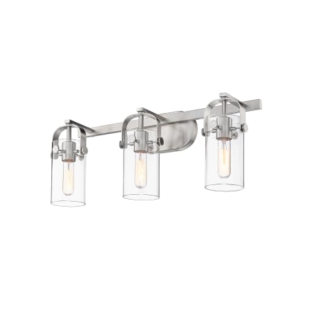 A large image of the Innovations Lighting 423-3W-11-24 Pilaster Vanity Brushed Satin Nickel / Clear