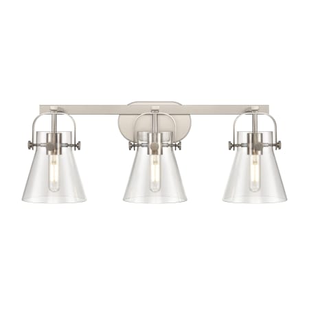 A large image of the Innovations Lighting 423-3W-10-27 Pilaster II Cone Vanity Satin Nickel / Clear