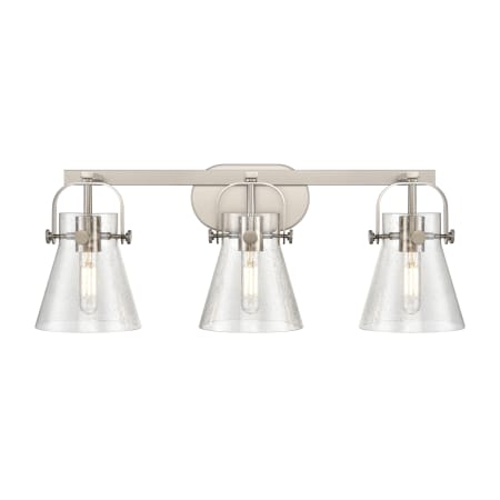 A large image of the Innovations Lighting 423-3W-10-27 Pilaster II Cone Vanity Satin Nickel / Seedy