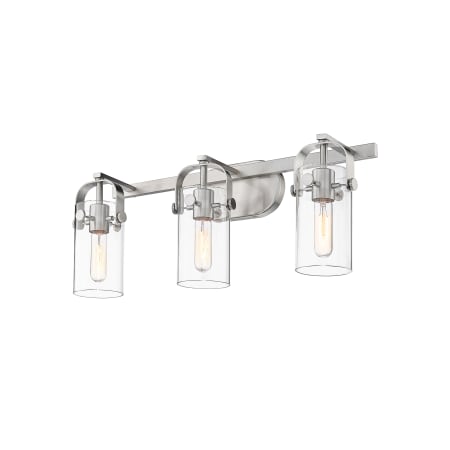 A large image of the Innovations Lighting 423-3W-11-25 Pilaster II Cylinder Vanity Satin Nickel / Clear