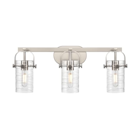 A large image of the Innovations Lighting 423-3W-11-25 Pilaster II Cylinder Vanity Satin Nickel / Deco Swirl