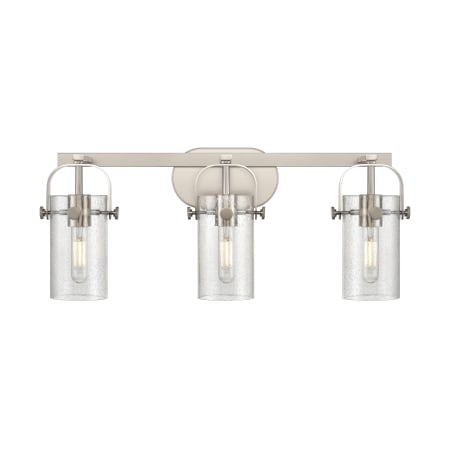 A large image of the Innovations Lighting 423-3W-11-25 Pilaster II Cylinder Vanity Satin Nickel / Seedy